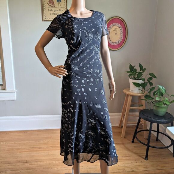 Vintage 90s Y2K Eva Blue Black Midi Dress Floral Beaded Whimsygoth Fairycore 6 - Picture 2 of 8